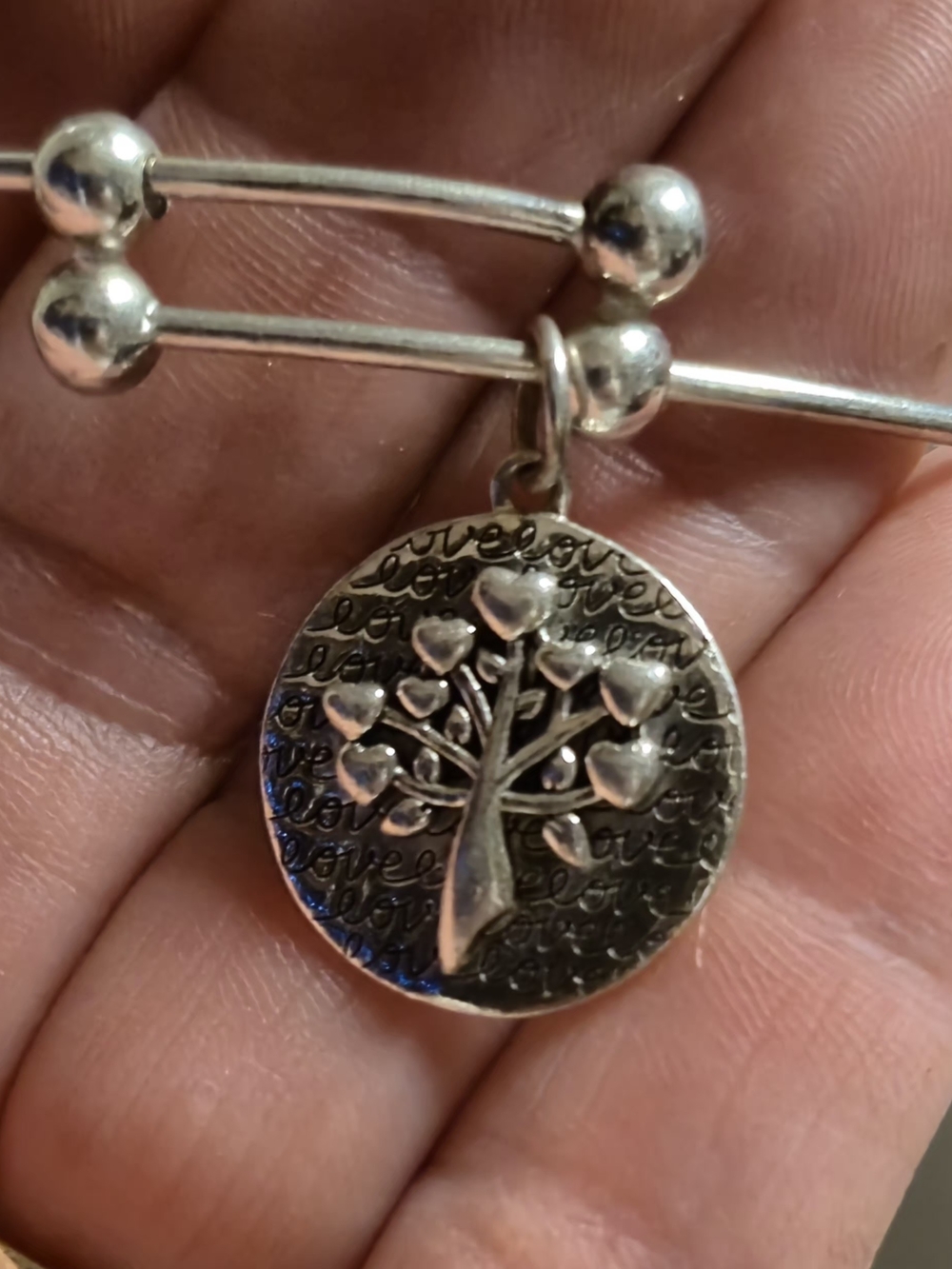 Silver Heart Tree Charm Bangle Bracelet